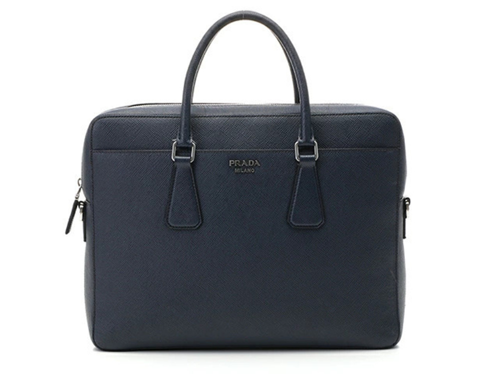 Prada Briefcase Tessuto Business Bag Navy Blue Saffiano Leather